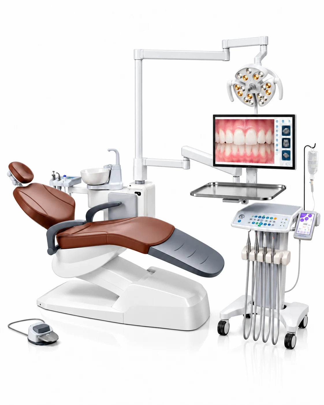 Owner-approved concept render of a brown and white integrated digital dental chair with operating light, monitor, stainless-steel tray and compact instrument trolley